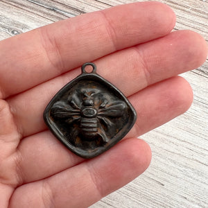 Large Bee Pendant, Rustic Brown Diamond Shaped Bee Charm, Artisan Jewelry Components Supplies, BR-6261