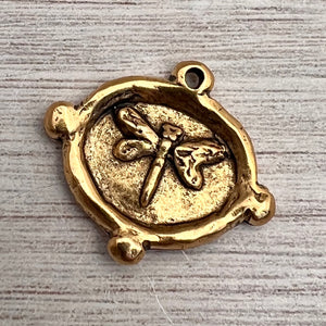 Soldered Dragonfly Pendant, Antiqued Gold Artisan Charm, Jewelry Supplies, GL-6262