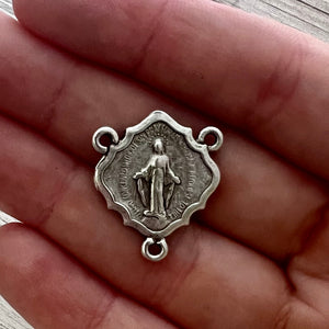 Miraculous Medal Centerpiece, Catholic Religious Rosary Connector, Antiqued Silver, Diamond Shaped Charm, Jewelry Supplies, SL-6256
