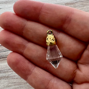 Chandelier Crystal Prism Drop Charm, Clear with Gold Pewter Bead Cap, Jewelry Making Artisan Findings, GL-S038