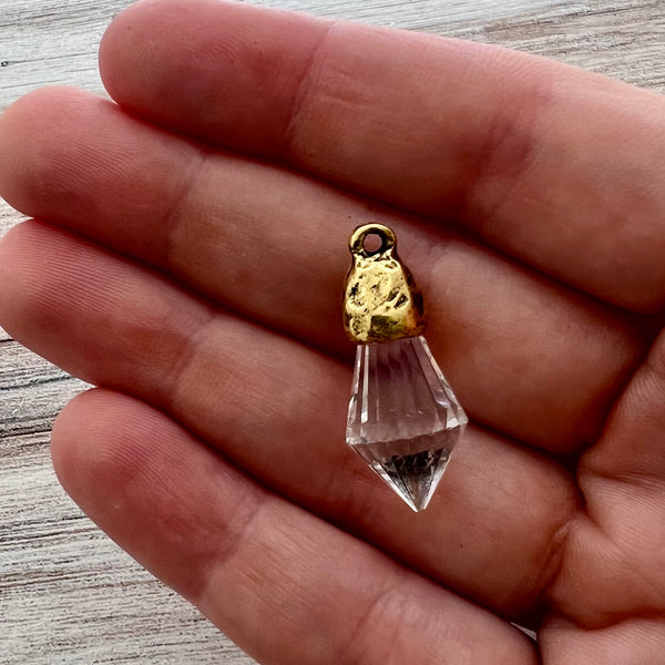 Load image into Gallery viewer, Chandelier Crystal Prism Drop Charm, Clear with Gold Pewter Bead Cap, Jewelry Making Artisan Findings, GL-S038
