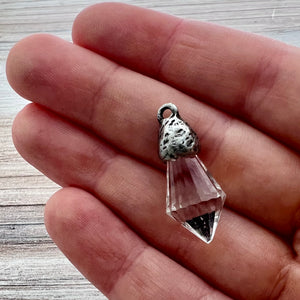 Chandelier Crystal Prism Drop Charm, Clear with Silver Pewter Bead Cap, Jewelry Making Artisan Findings, PW-S038