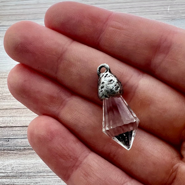 Load image into Gallery viewer, Chandelier Crystal Prism Drop Charm, Clear with Silver Pewter Bead Cap, Jewelry Making Artisan Findings, PW-S038
