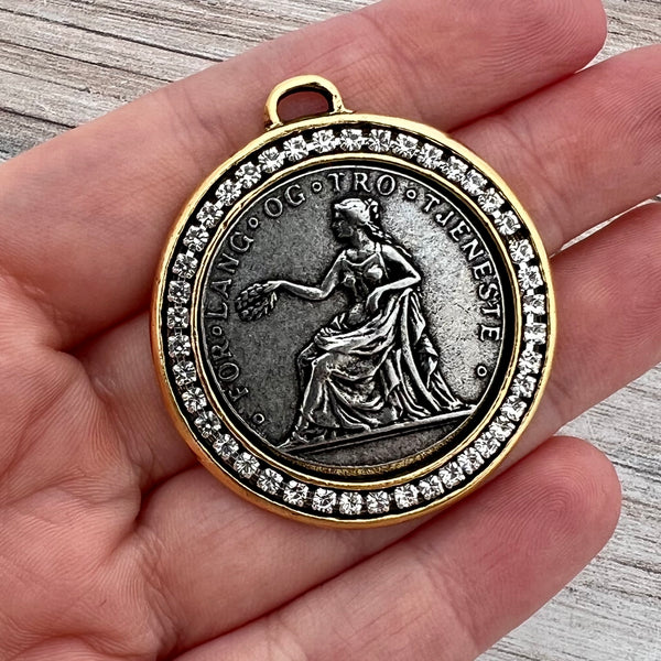 Load image into Gallery viewer, Large Norwegian Coin, Gold and Silver Mixed Metal Pendant With Rhinestones, Medal, Jewelry Making Supplies, GL-6263
