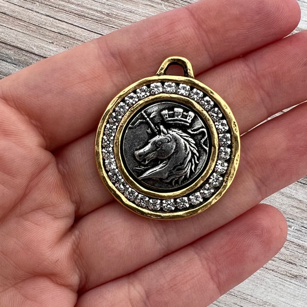 Load image into Gallery viewer, Unique Mixed Metal Unicorn Coin, Gold and Silver Rhinestone Pendant, Jewelry Making Supplies, GL-6264
