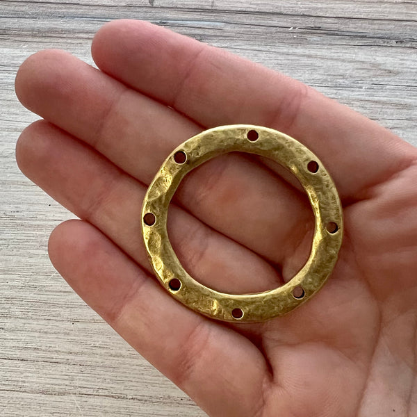 Load image into Gallery viewer, Large Hammered Ring Connector with Holes, Antiqued Gold Circle Hoop, Eternity Ring, Leather Circle Link, Charm Holder, GL-6257
