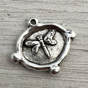 Soldered Dragonfly Pendant, Antiqued Silver Artisan Charm, Jewelry Supplies, SL-6262