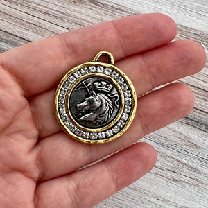 Unique Mixed Metal Unicorn Coin, Gold and Silver Rhinestone Pendant, Jewelry Making Supplies, GL-6264