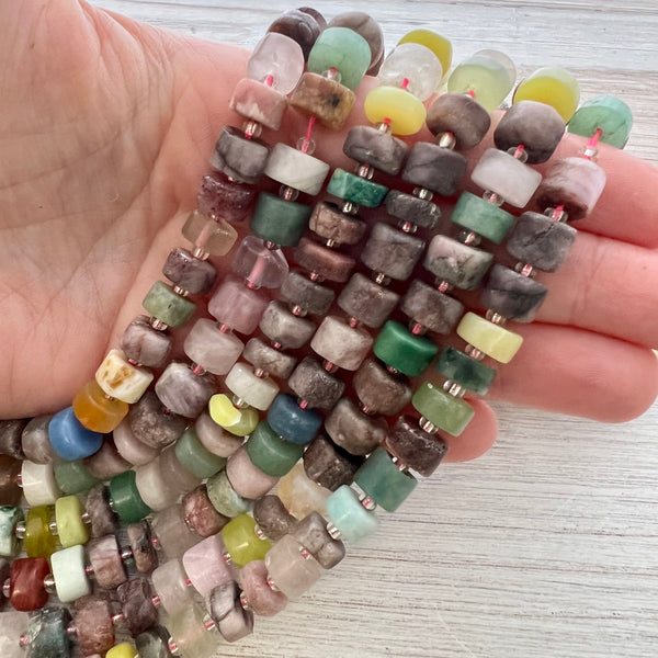 Load image into Gallery viewer, Full Multi-colored 9-12mm Heishi Beads, Colorful Rainbow Rondelle Tube Gemstones, Labradorite, Jasper, Jade, Chalcedony, Quartz, BD-0004
