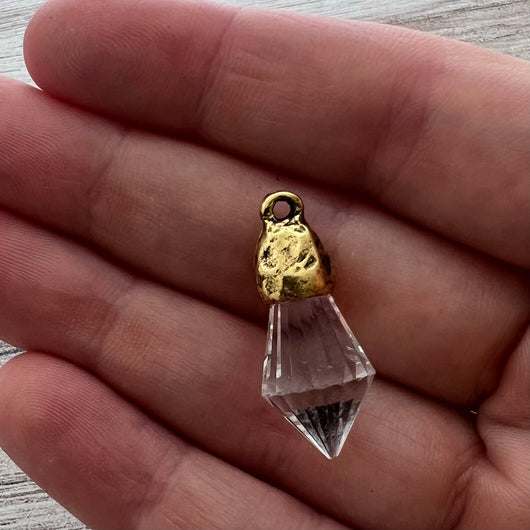 Chandelier Crystal Prism Drop Charm, Clear with Gold Pewter Bead Cap, Jewelry Making Artisan Findings, GL-S038
