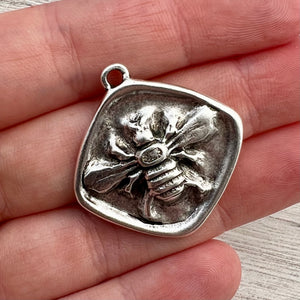 Large Bee Pendant, Antiqued Silver Diamond Shaped Bee Charm, Artisan Jewelry Components Supplies, SL-6261