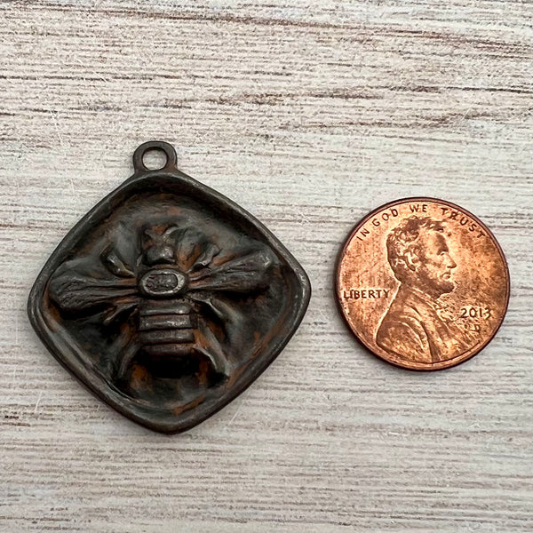 Load image into Gallery viewer, Large Bee Pendant, Rustic Brown Diamond Shaped Bee Charm, Artisan Jewelry Components Supplies, BR-6261
