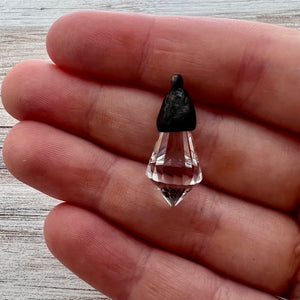 Chandelier Crystal Prism Drop Charm, Clear with Rustic Brown Bead Cap, Jewelry Making Artisan Findings, BR-S038