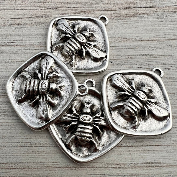 Load image into Gallery viewer, Large Bee Pendant, Antiqued Silver Diamond Shaped Bee Charm, Artisan Jewelry Components Supplies, SL-6261
