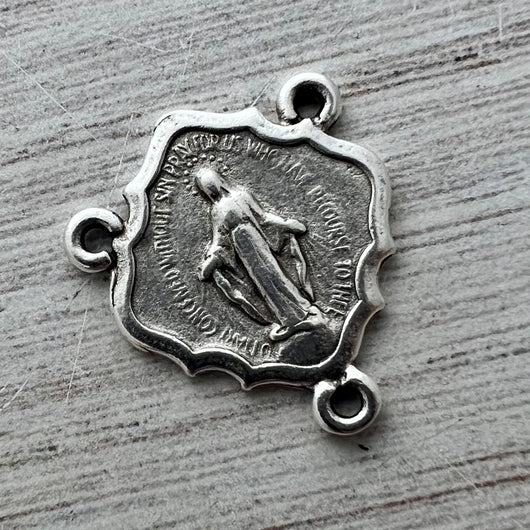 Miraculous Medal Centerpiece, Catholic Religious Rosary Connector, Antiqued Silver, Diamond Shaped Charm, Jewelry Supplies, SL-6256