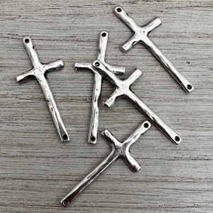 Hammered Stick Cross Connector, Antiqued Silver Artisan Charm, Jewelry Making Supplies, SL-6265