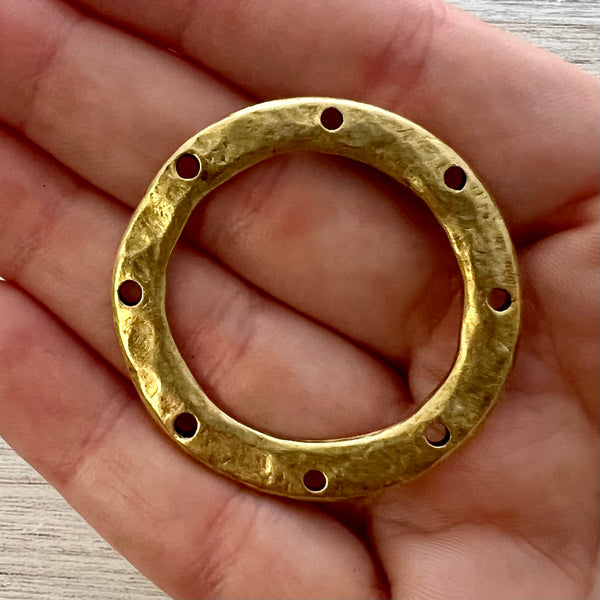 Load image into Gallery viewer, Large Hammered Ring Connector with Holes, Antiqued Gold Circle Hoop, Eternity Ring, Leather Circle Link, Charm Holder, GL-6257
