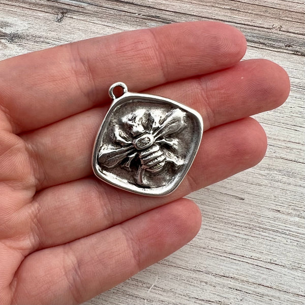 Load image into Gallery viewer, Large Bee Pendant, Antiqued Silver Diamond Shaped Bee Charm, Artisan Jewelry Components Supplies, SL-6261
