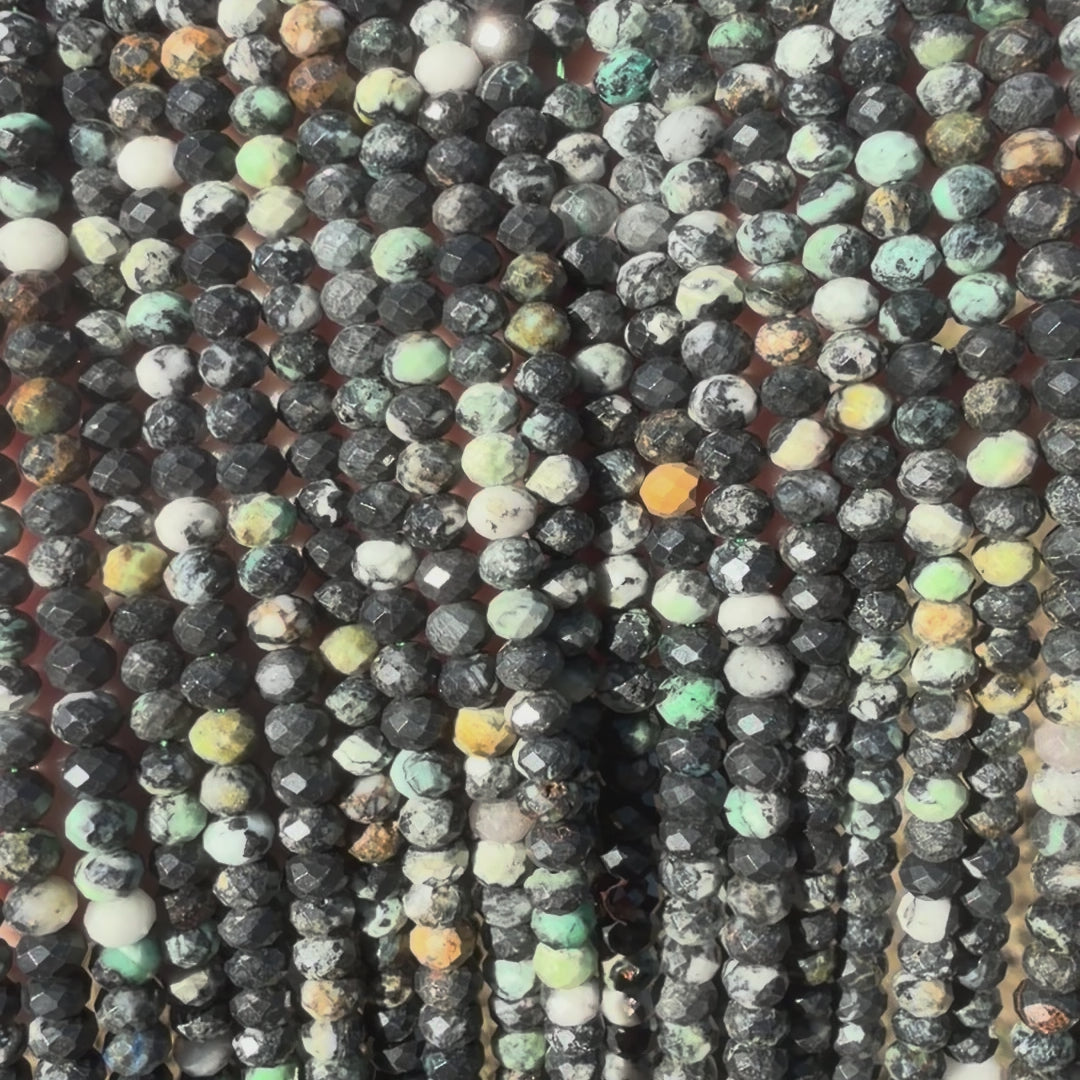 African Turquoise/Jasper, Black/Green/White Faceted Rondelles, 4mm Faceted Rondelles, Full Strand BD-4061