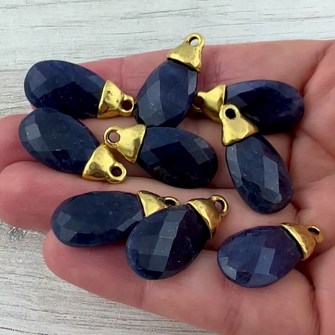 Blue Jade Pear Faceted Briolette Drop Pendant with Antique Gold Bead Cap, Gemstone, Jewelry Making Artisan Findings, GL-S046