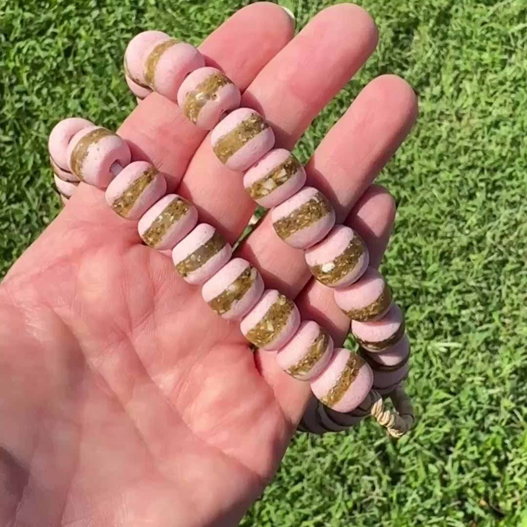 African Glass Beads, Pink with Brown Stripe Matte Rondelles, 10-12mm Rondelle Beads, Full Strand BD-4080