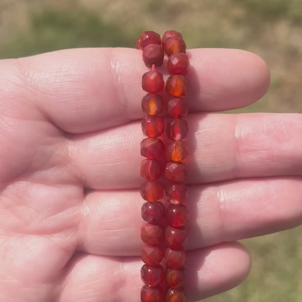 Red/Orange Carnelian, 16in Pre-Strung Beaded Necklace, 6mm Cube Faceted Beads, Carnelian Beaded Necklace BD-4044