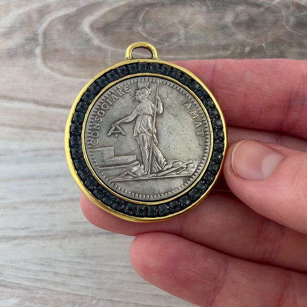 Load and play video in Gallery viewer, Large French Revolutionary Coin, Gold and Silver Mixed Metal Pendant With Black Rhinestones Crystals, Medal, GL-6316
