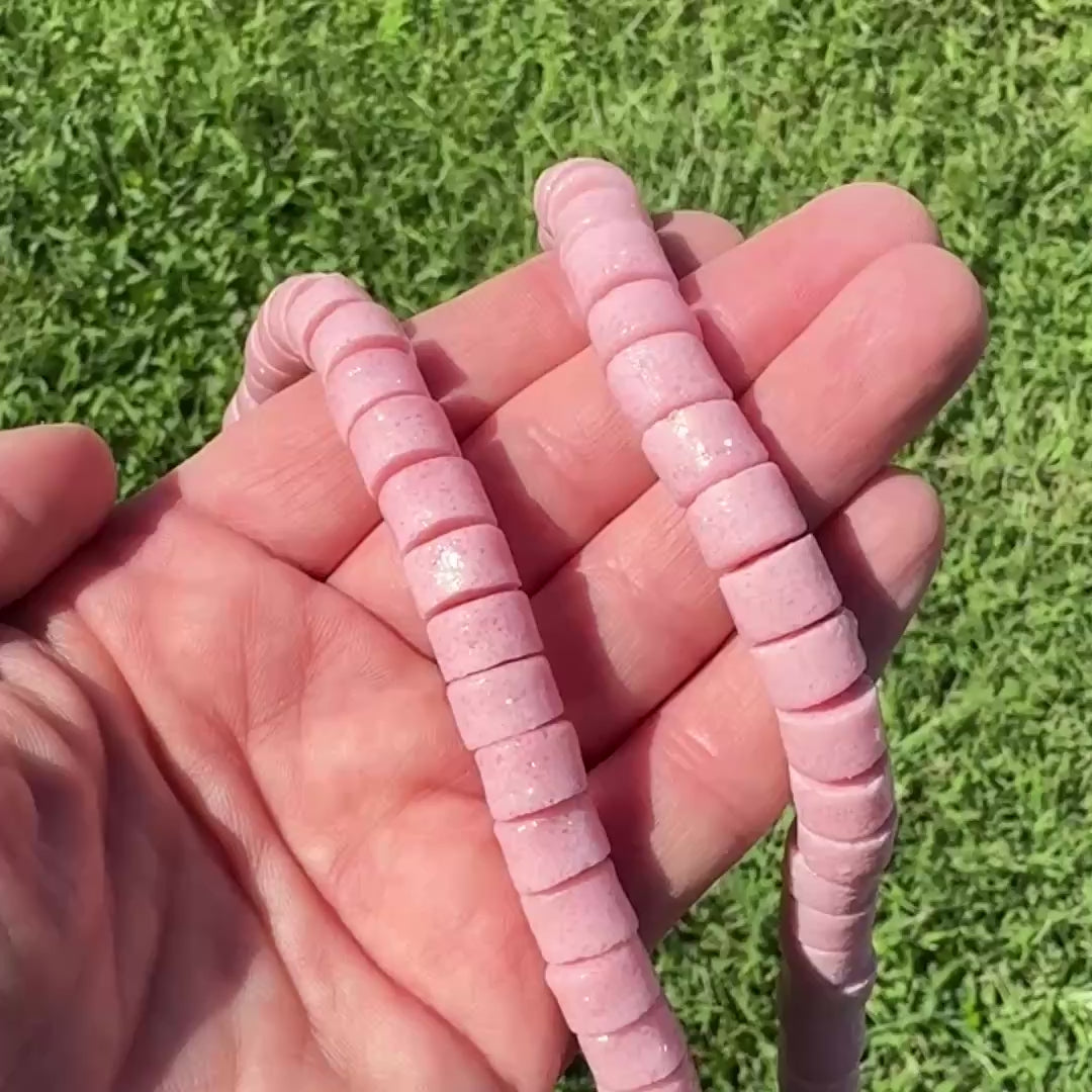 African Glass Beads, Pink Shiny Heishi,  9-10mm Heishi Beads, Full Strand BD-4079