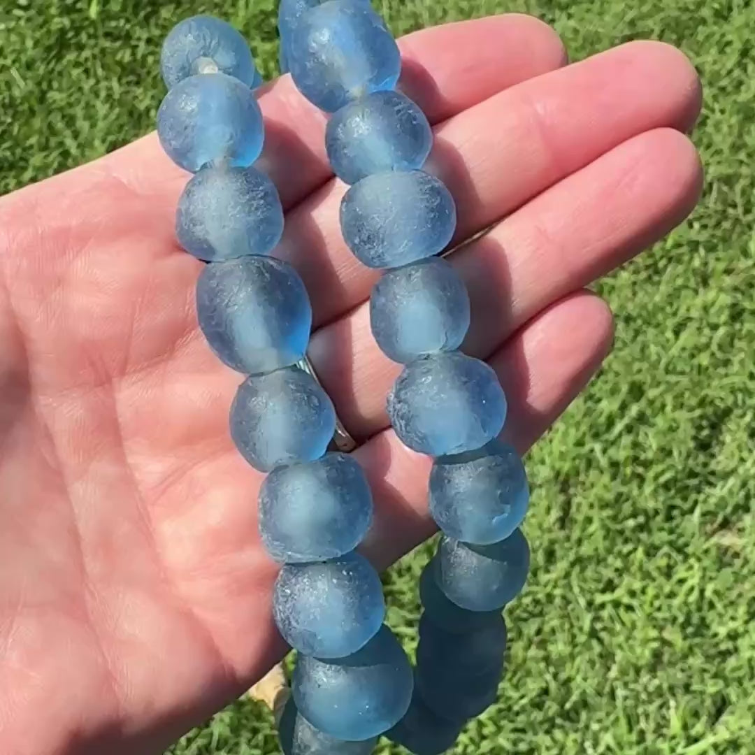 African Glass Beads, Blue Matte Round,  11-16mm Round Beads, Full Strand BD-4081