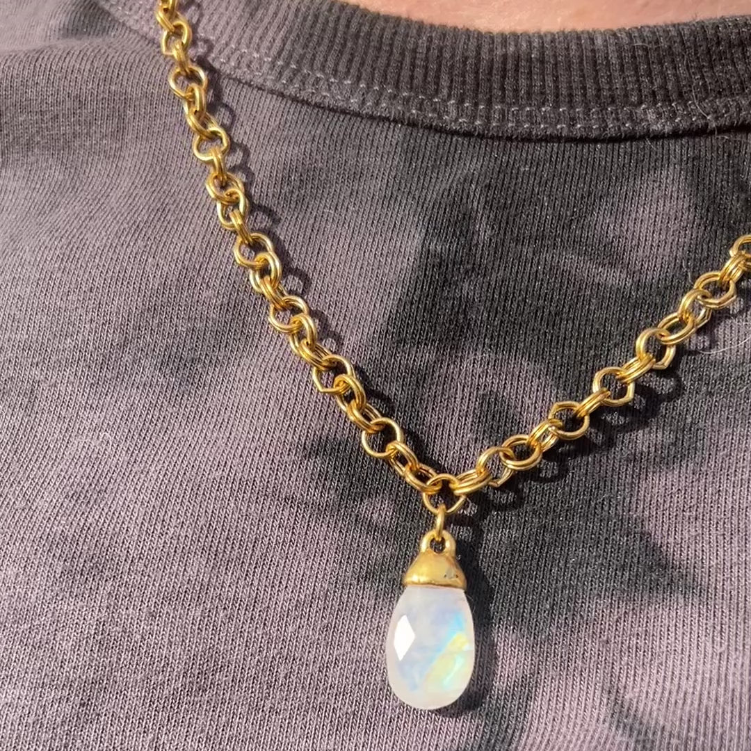 White Rainbow Moonstone Pear Faceted Briolette Drop Pendant with Antique Gold Bead Cap, Gemstone, Jewelry Making Artisan Findings, GL-S044