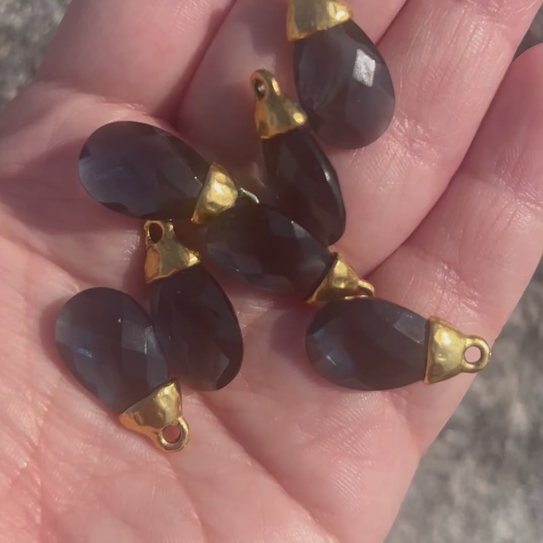 London Topaz Hydrolyzed Quartz Pear Faceted Briolette Drop Pendant with Antique Gold Bead Cap, Gemstone, Jewelry Making Artisan Findings, GL-6450