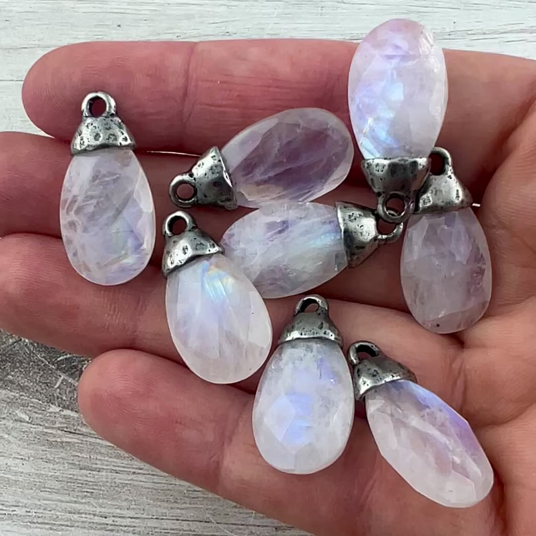 White Rainbow Moonstone Pear Faceted Briolette Drop Pendant with Antique Pewter Bead Cap, Gemstone, Jewelry Making Artisan Findings, PW-S044