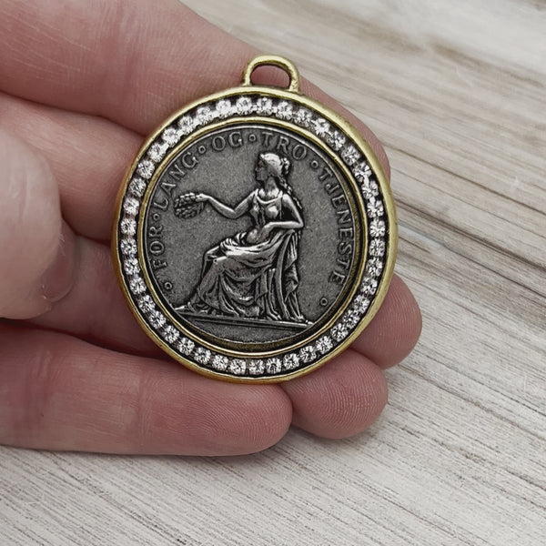 Load and play video in Gallery viewer, Large Norwegian Norway Coin, Gold and Silver Mixed Metal Pendant With Rhinestones, Medal, Jewelry Making Supplies, GL-6263
