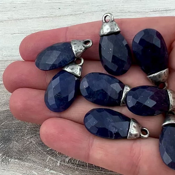 Load and play video in Gallery viewer, Blue Jade Pear Faceted Briolette Drop Pendant with Antique Pewter Bead Cap, Gemstone, Jewelry Making Artisan Findings, PW-
