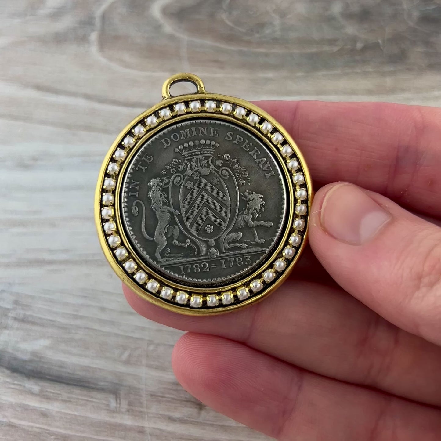 Large French Coin Pendant, Gold and Silver Mixed Metal Pendant With Pearls, Medal, GL-6314
