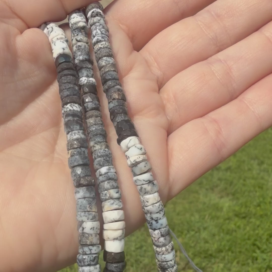 Dendritic Opal, Black and White Faceted Heishi, 1-3mm Round Beads, Full Strand BD-4052