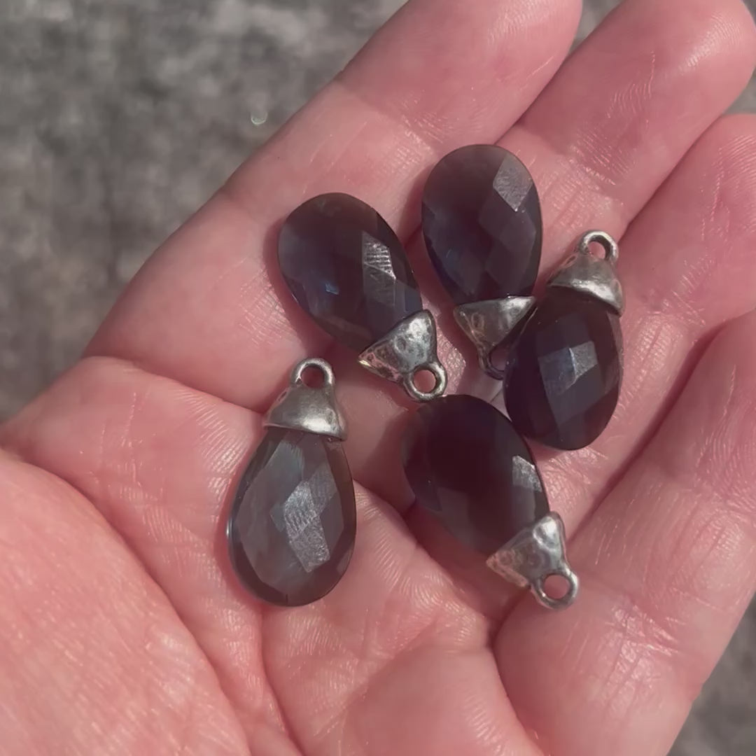London Topaz Hydrolyzed Quartz Pear Faceted Briolette Drop Pendant with Antique Silver Bead Cap, Gemstone, Jewelry Making Artisan Findings, PW-6450