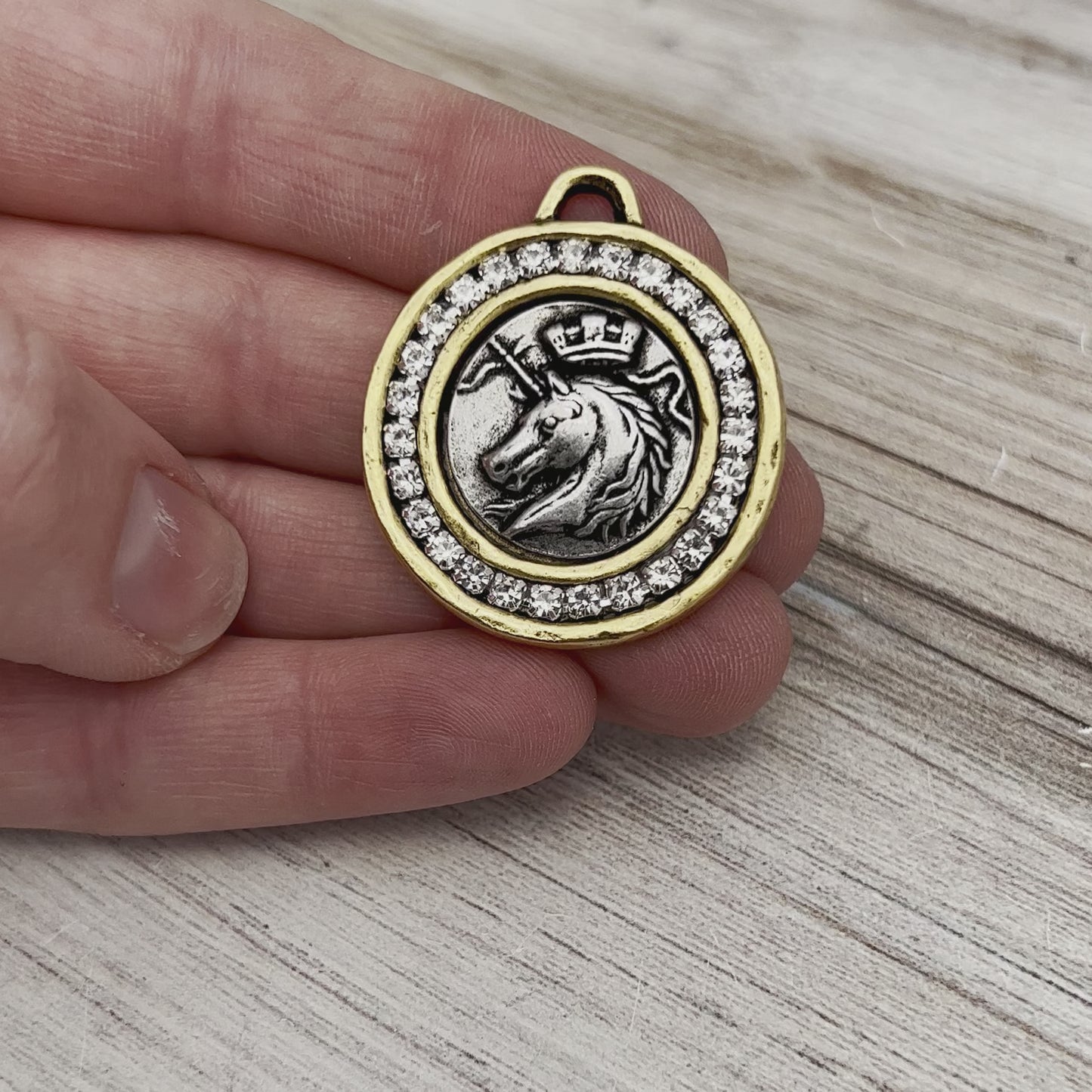 Unique Mixed Metal Unicorn Coin, Gold and Silver Rhinestone Pendant, Jewelry Making Supplies, GL-6264