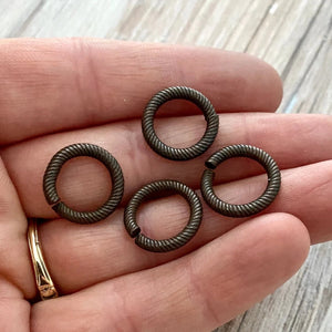 14mm Extra Large Rustic Dark Brown Jump Rings, Thick Textured Antiqued Connectors, Brass Links, 4 Rings Jewelry Supply BR-3006