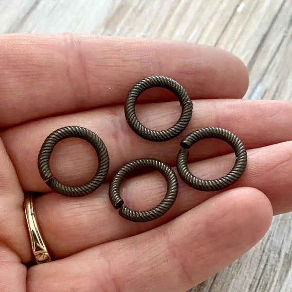 Load image into Gallery viewer, 14mm Extra Large Rustic Dark Brown Jump Rings, Thick Textured Antiqued Connectors, Brass Links, 4 Rings Jewelry Supply BR-3006

