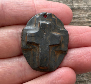 Hammered Artisan Oval Cross Pendant, Antiqued Rustic Brown Cross, Leather Pendant, Religious Jewelry, Cross Charm, BR-6080