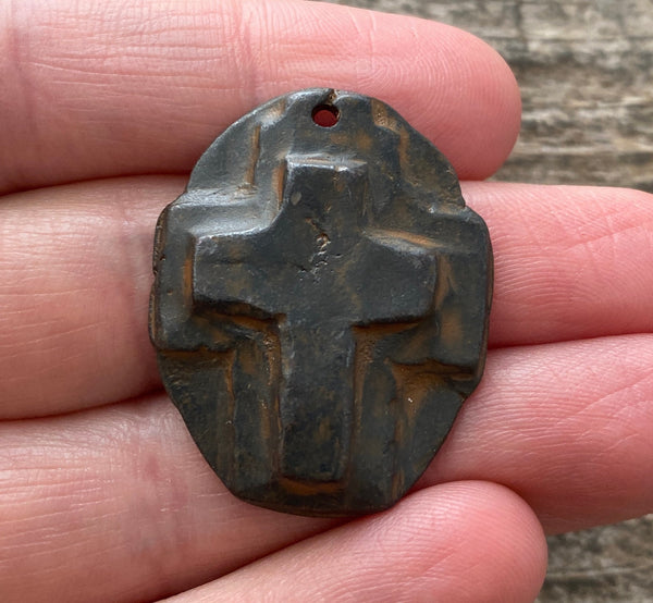 Load image into Gallery viewer, Hammered Artisan Oval Cross Pendant, Antiqued Rustic Brown Cross, Leather Pendant, Religious Jewelry, Cross Charm, BR-6080
