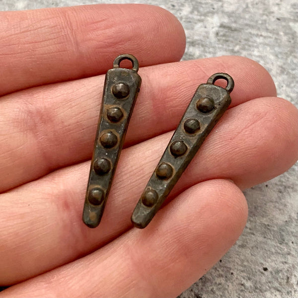 Load image into Gallery viewer, 2 Dotted Dangles, Antiqued Rustic Brown Spike Charms, Jewelry Making Components Supplies, BR-6146
