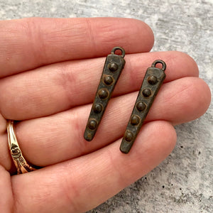 2 Dotted Dangles, Antiqued Rustic Brown Spike Charms, Jewelry Making Components Supplies, BR-6146