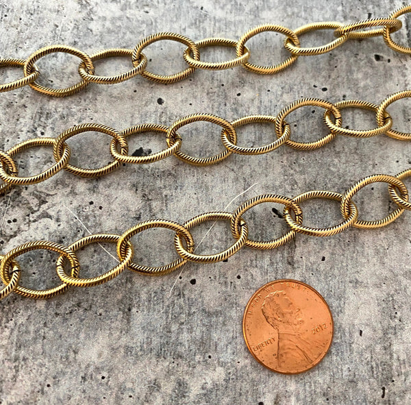 Load image into Gallery viewer, Antiqued Gold Textured Etched Chain, Large Oval Cable Links, Bulk Chain By Foot, Necklace Bracelet, GL-2017
