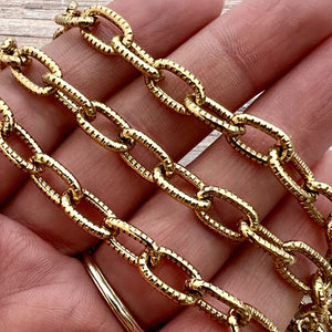 Textured Chunky Chain, Large Oval Cable Rectangle Links, Antiqued Gold Bulk Chain By Foot, Necklace Bracelet, GL-2041