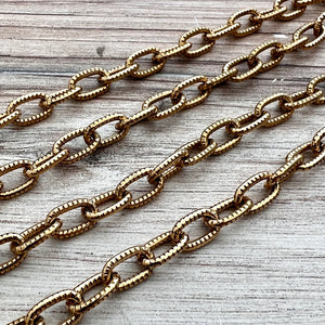 Textured Chunky Chain, Large Oval Cable Rectangle Links, Antiqued Gold Bulk Chain By Foot, Necklace Bracelet, GL-2041