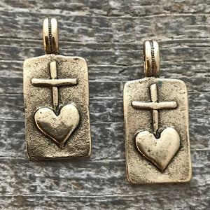 2 Heart Cross Rectangle Charm, Antiqued Gold, Heart Cross, Talisman, NEW GL-6010
