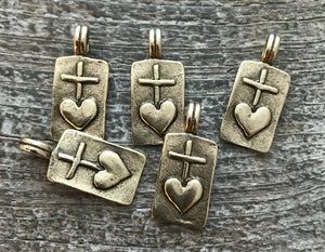 2 Heart Cross Rectangle Charm, Antiqued Gold, Heart Cross, Talisman, NEW GL-6010