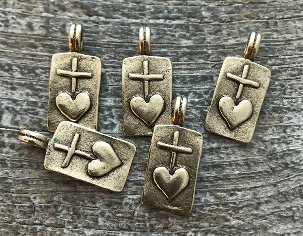 Load image into Gallery viewer, 2 Heart Cross Rectangle Charm, Antiqued Gold, Heart Cross, Talisman, NEW GL-6010
